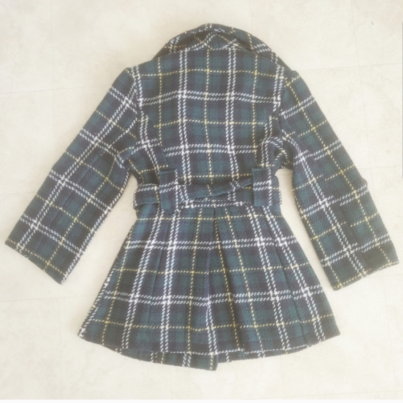 Checkered Forest Green Wool Polyester Fall Autumn Waist Tie Pea Coat Jacket - Picture 6 of 6